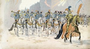 Entré av kung Karl VI (1368-1422) i Paris ackompanjerar trettio trumpeter. i "" Frankrike, hans historia berättad av G. Montorgueil, imagee av Job""" 1896. Privat samling. av pseudonym for Onfray de Breville Jacques Job