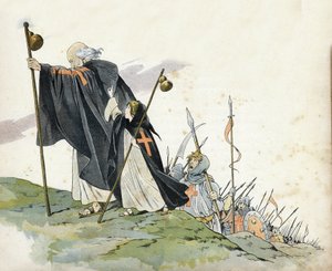 Första korståget: Eremiten Peter (1050-1115) leder korståget till ropet "Gud vill det!" . Han är klädd i kappa, slår med ett kors och håller i en pelerinhumla. En liten flicka som symboliserar Frankrike följer med henne. i "" Frankrike, hennes historia ber av pseudonym for Onfray de Breville Jacques Job