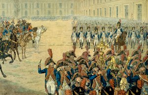Första recensionen av den konsulära vakten på Tuileriernas borggård av Napoleon I Bonaparte (1769-1821). Efter antagandet av konstitutionen 1800 lämnade regeringen Peer-Luxembourg för att bosätta sig i Tuilerierna. På dagen för sin installation, Fi av pseudonym for Onfray de Breville Jacques Job
