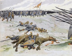 Fransk-engelska kriget (1202-1214): soldater som dog i slaget vid Bouvines den 27/07/1214 som motsatte sig den franska armén Philippe Auguste mot flamländarna och Welfs av Othon IV. i "Frankrike, dess historia berättad av G. Montorgueil, bild av Job"" 1896 av pseudonym for Onfray de Breville Jacques Job