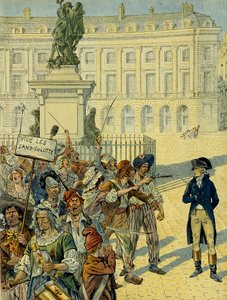 Franska revolutionen 1789: Napoleon I Bonaparte (1769-1821) hotad av trosmassan (utan trosor) den 10 augusti 1792 nära Statyn av Ludvig XIV (1638-1715) av Desjardins innan den störtades, Place des Paris Victoires i Paris . Illustration av pseudonym for Onfray de Breville Jacques Job