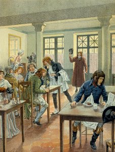 Franska revolutionen 1789: Napoleon I Bonaparte (1769-1821) ung på gargotier Justat, från rue des petits peres (Petits-Peres) i Paris, reducerades till en enda rätt som han betalade för 6 under portionen. Illustration av Jacques Marie Gaston Onfray de av pseudonym for Onfray de Breville Jacques Job