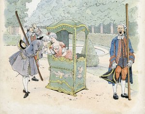 Fransk tapperhet på 1700-talet: en ung man kysser en kvinnas hand i en rullstol. i "Frankrike, hans historia berättad av G. Montorgueil, bild redigerad av Job"" 1896. Privat samling. av pseudonym for Onfray de Breville Jacques Job