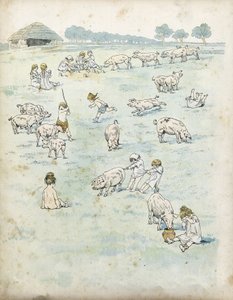 Galliska barn som leker med grisar på ett fält. i "" Frankrike, hans historia berättad av G. Montorgueil, imagee av Job""" 1896. Privat samling. av pseudonym for Onfray de Breville Jacques Job
