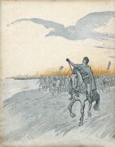 Galliens krig: Gaius Julius Caesar (då Jules cesar) (100-44 f.Kr.) och hans armé invaderar Gallien. Skuggan av en örn, symbol för det romerska riket, dyker upp på himlen. i "Frankrike, hans historia berättad av G. Montorgueil, avbildad av Job"" 1896. Priva av pseudonym for Onfray de Breville Jacques Job