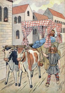 Frankrikes historia. Scen som skildrar lata kungar i leksaker: Kungen av Frankrike Thierry III (673-691) bär i en tank med en säng dragen av oxar. I “” Joujoux a l