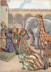 Frankrikes historia. Scen av Karl den Stores liv i leksaker: Kalifen Haron Al Rashid (Haron-Al-Rachid) ger kungen av Frankrike Karl den Store (742-814) en giraff, en elefant och en klocka. I "" Joujoux a l