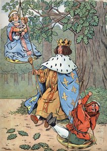 Frankrikes historia. Scen av Saint Louiss liv i leksaker: Kung Ludvig IX känd som Saint Louis (1214-1270) som ger rättvisa vid foten av en ek. I “” Joujoux a l