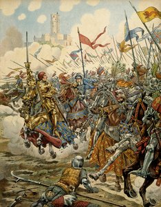 Frankrikes historia under medeltiden (medeltiden): Kung Ludvig XI kallade den försiktige (1423-1483) i spetsen för sin armé under slaget vid Montlery mot Ligue du Bien Public, 16 juli av pseudonym for Onfray de Breville Jacques Job
