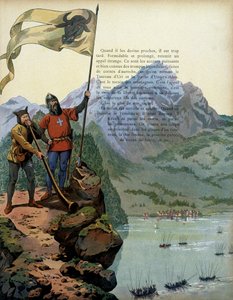 Frankrikes historia under medeltiden: trupperna av Karl Temeraire (1433-1477), hertig av Bourgogne, går in i landet Vaud i Schweiz. Illustration av Jacques Marie Gaston Onfray de Breville dit JOB (1858-1931) av pseudonym for Onfray de Breville Jacques Job