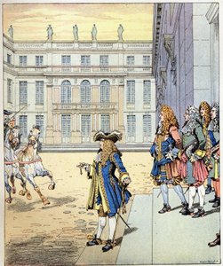 Jag väntade nästan! orden från kungen av Frankrike Ludvig XIV sa att kung Soleil (1638-1715) talade framför slottet i Versailles när hans kaross anlände vid den exakta tiden. Illustration av Job (Jacques Marie Gaston Onfray och Breville) (Jacques-Marie)