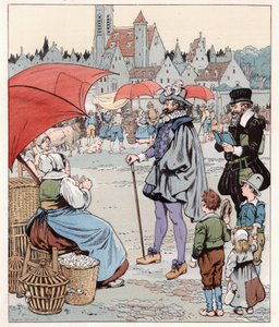 Jag skulle vilja veta priset på en liard. Kungen av Frankrike HENRI IV (1553-1610) gick vi. Illustration av Job (Jacques Marie Gaston Onfray och Breville) (Jacques-Marie) (1858-1931) för boken "Les grands mots historique du pays de France"" 1915. Privat Co av pseudonym for Onfray de Breville Jacques Job