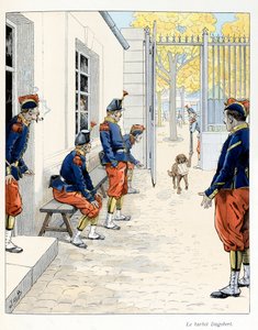 Illustration utdragen ur boken "A la gloire des betes"" text av A Fabre, teckningar av Jacques Marie Gaston Onfray de Breville dit JOB (1858-1931), förläggare Maison Alfred Mame et fils: Barbet Dagobert (i en barack i Paris) ), Insamling Delvis av pseudonym for Onfray de Breville Jacques Job