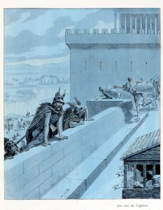 Illustration från boken "A la Glory des Betes"" text av A Fabre, teckningar av Jacques Marie Gaston Onfray de Breville dit JOB (1858-1931), redaktör Maison Alfred Mame et fils: Les goies du Capitole (890 f.Kr.), les Gallernas belägring av Rom, delsamling av pseudonym for Onfray de Breville Jacques Job