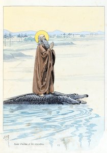 Illustration från boken "A la Glory des Betes"" text av A Fabre, teckningar av Jacques Marie Gaston Onfray de Breville dit JOB (1858-1931), redaktör Maison Alfred Mame et fils: Saint Pacome (abbe 292-348) och Krokodiler, privat samling av pseudonym for Onfray de Breville Jacques Job