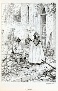Illustration från boken "La Grande Guerre par les artistes"": "" La cigarette Septembre 1914""" religiös ger en cigarett till en skadad soldat av Jacques Marie Gaston Onfray de Breville dit JOB (1858-1931), Delsamling av pseudonym for Onfray de Breville Jacques Job