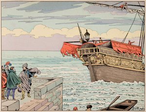 Illustration från boken "" Le bon roy Henri"", illustrerad av Jacques Marie Gaston Onfray de Breville dit JOB (1858-1931): Henri IV vägrar rådet att fly till England - Privat samling av pseudonym for Onfray de Breville Jacques Job