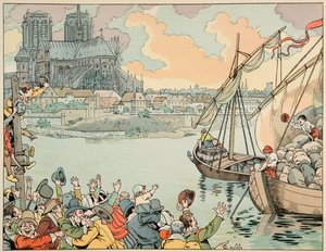 Illustration från boken "Le bon roy Henri", illustrerad av Jacques Marie Gaston Onfray de Breville dit JOB (1858-1931): Paris refuitaille - Privat samling av pseudonym for Onfray de Breville Jacques Job