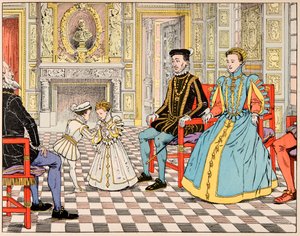 Illustration från boken "Le bon roy Henri", illustrerad av Jacques Marie Gaston Onfray de Breville dit JOB (1858-1931): Antoine de Bourbon tog honom till Paris och presenterade honom för sin kusin Henri II, som gav honom sin hand. dotter Marguerite de av pseudonym for Onfray de Breville Jacques Job