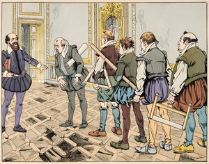 Illustration från boken "Le bon roy Henri", illustrerad av Jacques Marie Gaston Onfray de Breville dit JOB (1858-1931): Sully (Maximilian de Bethune) visar en svår ekonomi - Privat samling av pseudonym for Onfray de Breville Jacques Job