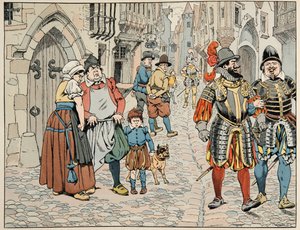 Illustration hämtad från boken "" Le bon roy Henri"", illustrerad av Jacques Marie Gaston Onfray de Breville dit JOB (1858-1931): Parisare ser med dåliga öga de utländska trupperna som kommer för att hjälpa dem - Privat samling av pseudonym for Onfray de Breville Jacques Job