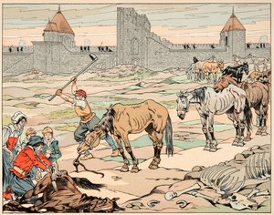 Illustration hämtad från boken "" Le bon roy Henri"", illustrerad av Jacques Marie Gaston Onfray de Breville dit JOB (1858-1931): Hungriga parisare slaktar sina hästar - Privat samling av pseudonym for Onfray de Breville Jacques Job