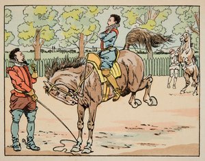 Illustration hämtad från boken “” Le bon roy Henri””, illustrerad av Jacques Marie Gaston Onfray de Breville dit JOB (1858-1931): Education at the 16th century riding - Privat samling av pseudonym for Onfray de Breville Jacques Job