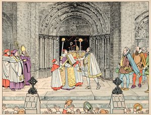 Illustration hämtad från boken "Le bon roy Henri", illustrerad av Jacques Marie Gaston Onfray de Breville dit JOB (1858-1931): Henri IV, Basilica Saint Denis avböjer sin religion och konverterar - Privat samling av pseudonym for Onfray de Breville Jacques Job
