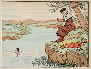 Illustration hämtad från boken "Le bon roy Henri", illustrerad av Jacques Marie Gaston Onfray de Breville dit JOB (1858-1931): Utbildning på 1500-talet: simning - Privat samling av pseudonym for Onfray de Breville Jacques Job