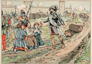 Illustration hämtad från boken “Le bon roy Henri””, illustrerad av Jacques Marie Gaston Onfray de Breville dit JOB (1858-1931): Henri IV ger pengar och frigör bönder som försökte introducera mat i Paris - Privat samling av pseudonym for Onfray de Breville Jacques Job