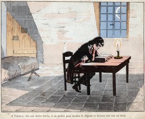I Valencia (fängelse) utnyttjar Napoleon det för att studera Digest och bli mycket stark i juridik - Napoleon läste Digeste och stärker sin kunskap om lagen - litografi av Job (Jacques Onfroy de Breville) från "" Le Grand Napoleon des Petites av pseudonym for Onfray de Breville Jacques Job