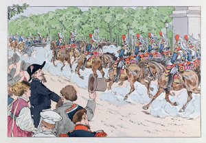 Jacques Marie Gaston Onfray de Breville dit JOB (1858 - 1931); Illustration från boken "Les epees de France": Eskort av kejsar Napoleon 3 på Champs Elysees; Coll, del av pseudonym for Onfray de Breville Jacques Job