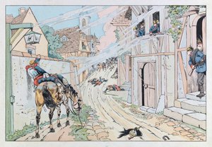 Jacques Marie Gaston Onfray de Breville dit JOB (1858 - 1931); Illustration hämtad från boken "" Les epees de France"": Avsnitt av det franska preussiska kriget 1870, överfall från 9:e Cuirassiers i byn Morsbronn; Coll, del av pseudonym for Onfray de Breville Jacques Job