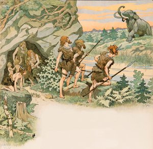 Jacques Marie Gaston Onfroy de Breville dit JOB (1858-1931) - Under förhistorien skyddar grottmännen sina familjer från en maffig attack, Privat samling av pseudonym for Onfray de Breville Jacques Job