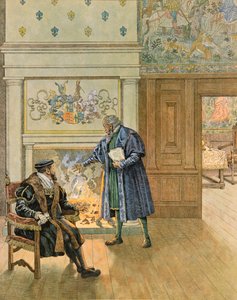 Jacques Marie Gaston Onfroy de Breville dit JOB (1858-1931) - Belgiens historia: Kejsar Karl V (1500 - 1558) besökte de stora köpmännen och finansiärerna i staden Antwerpen, privat samling av pseudonym for Onfray de Breville Jacques Job