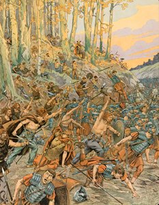 Jacques Marie Gaston Onfroy de Breville dit JOB (1858-1931) - Belgiens historia: Slaget vid Aduatuca, i Vallee du Geer 54 f.Kr., eburonerna (belgarna) massakrerade de romerska legionerna av Caesar under galliska kriget, privat samling av pseudonym for Onfray de Breville Jacques Job