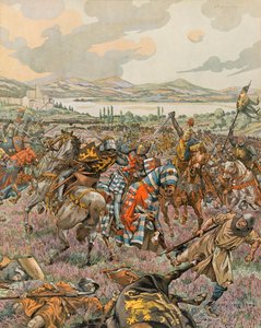 Jacques Marie Gaston Onfroy de Breville dit JOB (1858-1931) - Belgiens historia: Johannes 1:e hertig av Brabant segrande i slaget vid Woeringen 1288 under Limburgs tronföljdskriget och ger Brabant självstyre till Tyskland, privat samling av pseudonym for Onfray de Breville Jacques Job
