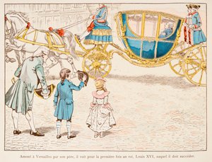 Jacques Marie Gaston Onfroy de Breville dit JOB (1858-1931) - Napoleon Bonaparte förd till Versailles av sin far träffar kung Ludvig XVI i Carossus för första gången 1770, Privat samling av pseudonym for Onfray de Breville Jacques Job