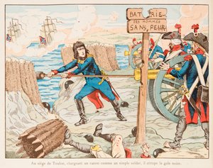 Jacques Marie Gaston Onfroy de Breville dit JOB (1858-1931) - Napoleon Bonaparte laddade själv pistolen mot trummorna på de orädda männen vid sätet i Toulon 1793, Privat samling av pseudonym for Onfray de Breville Jacques Job