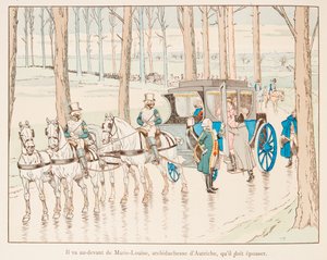 Jacques Marie Gaston Onfroy de Breville dit JOB (1858-1931) - Napoleon Bonaparte går till fronten av Marie Louise av Österrike innan hennes giftermål 1810, Privat samling av pseudonym for Onfray de Breville Jacques Job