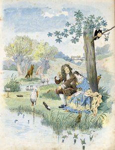Jean de La Fontaine (Lafontaine) (1621-1695) pratar med en ung flicka. Runt dem finns djur som finns i poetens fabler: varg, lamm, stork, sköldpadda, råtta, groda, hare, räv, korp... i "" Frankrike, hans historia berättad av G. Montorgueil, imagee by Job"  av pseudonym for Onfray de Breville Jacques Job