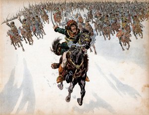 Joachim Murat (1767-1815) i spetsen för kavalleriet i slaget vid Eylau den 8 februari