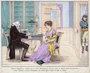 Josephine och notarie - Maitre Raguideau, notarie för änkan Beauharnais, sa till honom: Ni! gifta sig med denna lilla Bonaparte - Mästare Raguidea och Josephine - (Du! Gift dig med denna lilla Bonaparte) - litografi av Job (Jacques Onfroy de Breville) från av pseudonym for Onfray de Breville Jacques Job