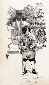 Kung Ludvig XIV av Frankrike kallade kung Soleil (1638-1715) med sina hovmän i Versailles trädgårdar. Illustration av Job (Jacques Marie Gaston Onfray och Breville) (Jacques-Marie) (1858-1931) för boken "De stora historiska orden i landet Frankrike" av pseudonym for Onfray de Breville Jacques Job