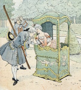 Dam av adeln på 1700-talet, i en stol med bärare som tar emot kysshanden av pseudonym for Onfray de Breville Jacques Job