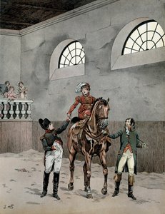 Napoleon I Bonaparte (1729-1821) deltog i ridlektioner för imponerande Marie Louise av Österrike (1791-1847). I "" Napoleon"" av Georges Montorgueil. Illustration av Jacques Marie Gaston Onfray de Breville dit JOB (1858-1931) av pseudonym for Onfray de Breville Jacques Job
