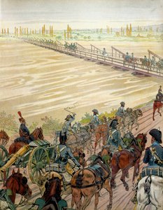 Napoleon I Bonaparte (1769-1821) och hans armé passerade Rhen den 1 oktober 1805. I "" Napoleon"" av Georges Montorgueil. Illustration av Jacques Marie Gaston Onfray de Breville dit JOB (1858-1931) av pseudonym for Onfray de Breville Jacques Job