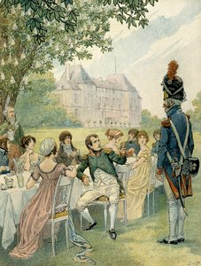 Napoleon I Bonaparte (1769-1821) under en lunch i trädgårdarna på slottet Malmaison. Illustration av Jacques Marie Gaston Onfray de Breville dit JOB (1858-1931). Privat samling av pseudonym for Onfray de Breville Jacques Job