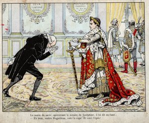 Napoleon och notarie Raguideau, kröningsmorgonen 1804 - litografi av Job (Jacques Onfroy de Breville) från "" Le Grand Napoleon des Petites Enfants""" 1893 av pseudonym for Onfray de Breville Jacques Job