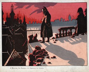 Napoleon betraktar Moskvas eld - Han ser Moskva brinna (15-16 september 1812) - - litografi av Job (Jacques Onfroy de Breville) från "" Le Grand Napoleon des Petites Enfants""" 1893 av pseudonym for Onfray de Breville Jacques Job